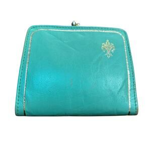 Vintage mid century aqua blue Italian leather coin purse wallet gold embossed